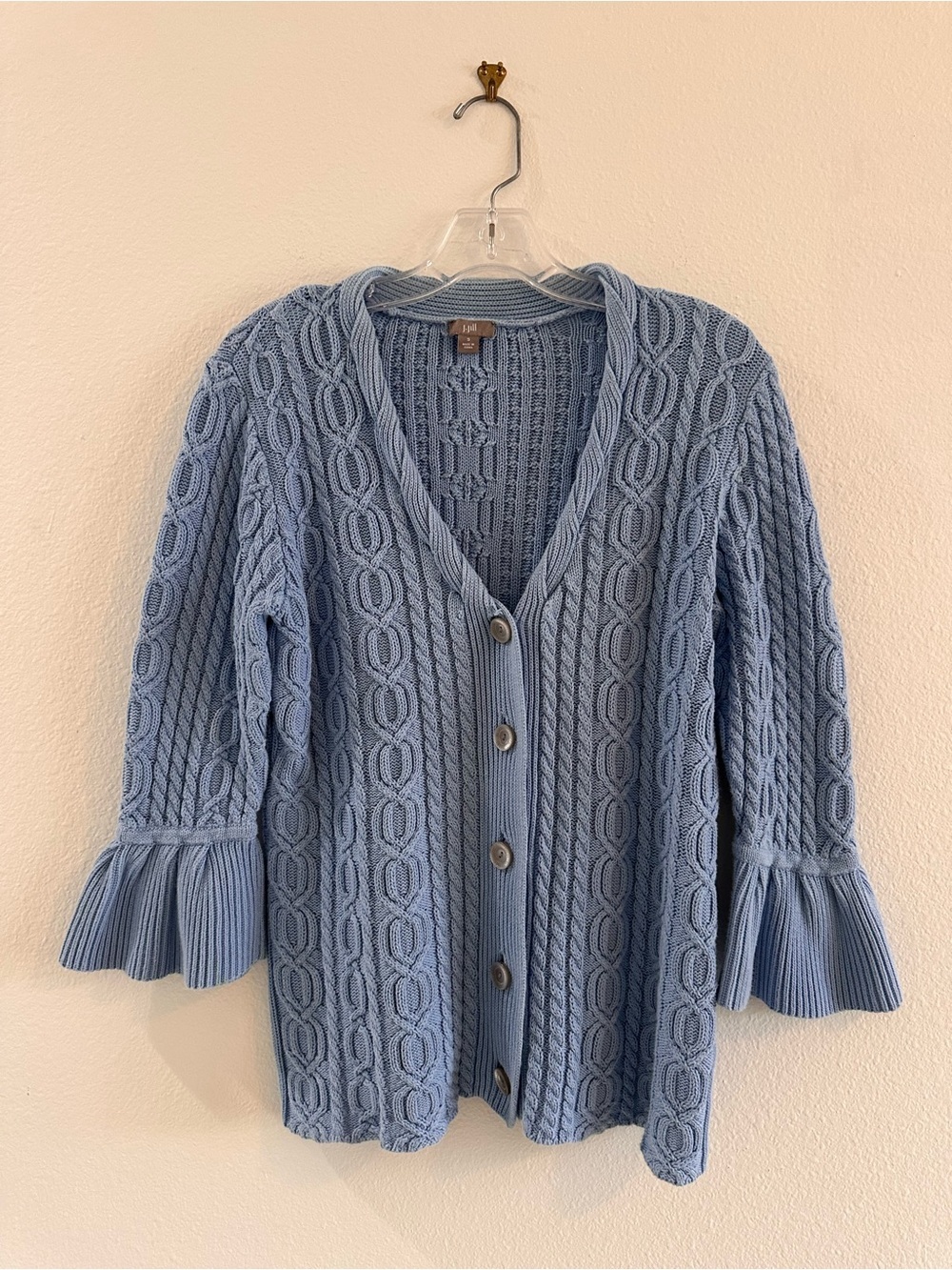 J. Jill Light Blue Catarina Ruffle Cable Knit Button-Front Cardigan, Small